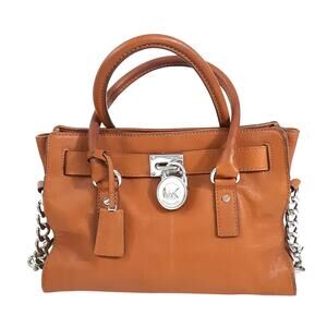 Michael Kors Hamilton Large Satchel Handbag Saffiano Leather Chain Strap Camel